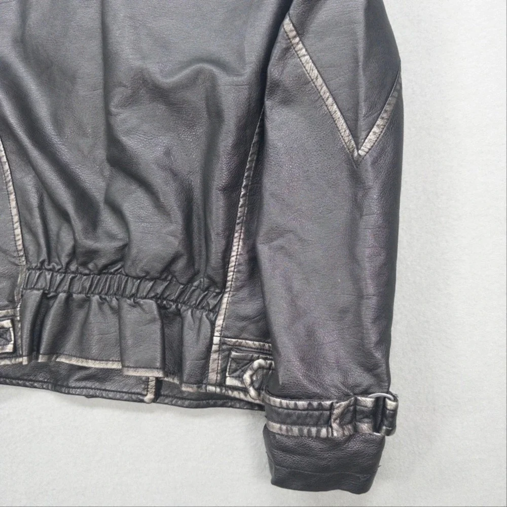 Zara Kids Moto Jacket Kids Size 10 Black Faux Leather Distressed Biker Coat Zip